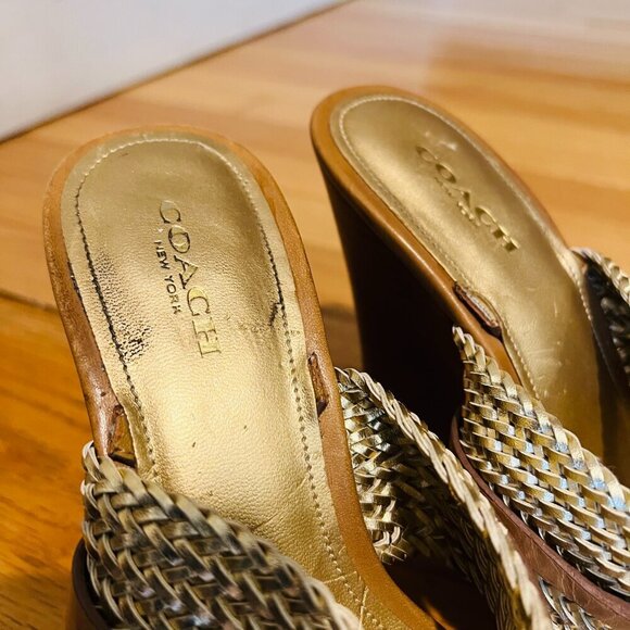 Coach Beatriz Women Sz 6.5 Wedge Heel Platform Sandal Gold Tan Brown Slingback - Picture 15 of 16